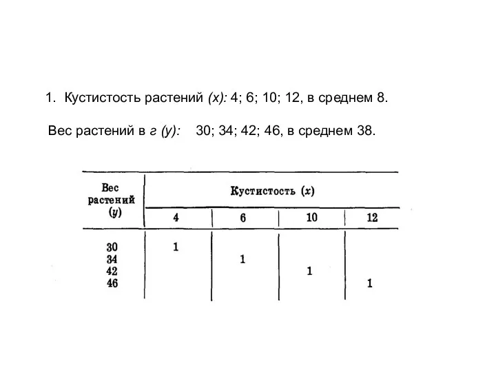 1. Кустистость растений (х): 4; 6; 10; 12, в среднем