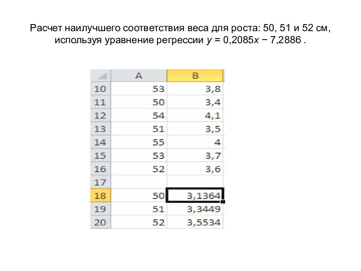 Расчет наилучшего соответствия веса для роста: 50, 51 и 52