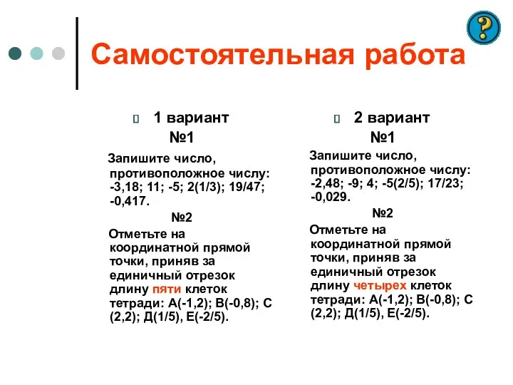 Самостоятельная работа 1 вариант №1 Запишите число, противоположное числу: -3,18;