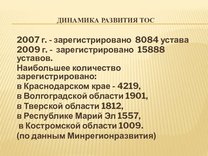 ДИНАМИКА РАЗВИТИЯ ТОС 2007 г. - зарегистрировано 8084 устава 2009