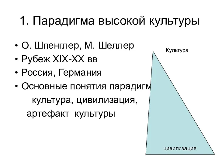 1. Парадигма высокой культуры О. Шпенглер, М. Шеллер Рубеж XIX-XX вв Россия, Германия