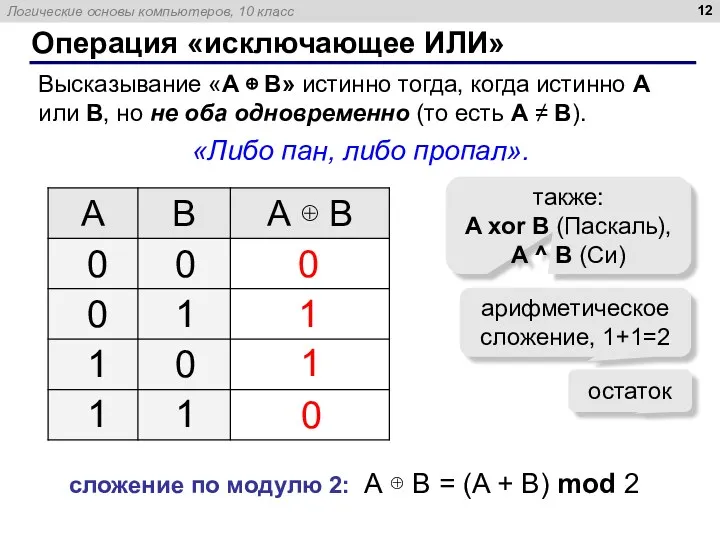 Операция «исключающее ИЛИ» Высказывание «A ⊕ B» истинно тогда, когда