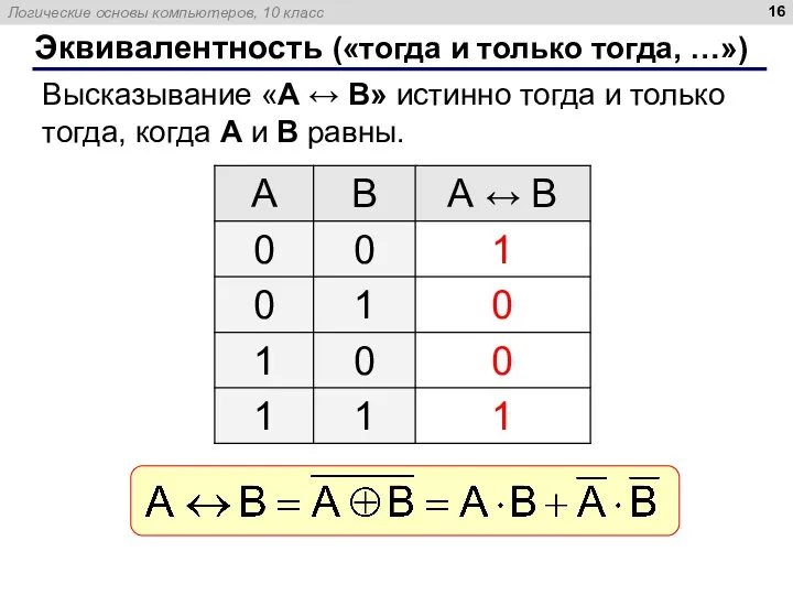 Эквивалентность («тогда и только тогда, …») Высказывание «A ↔ B»