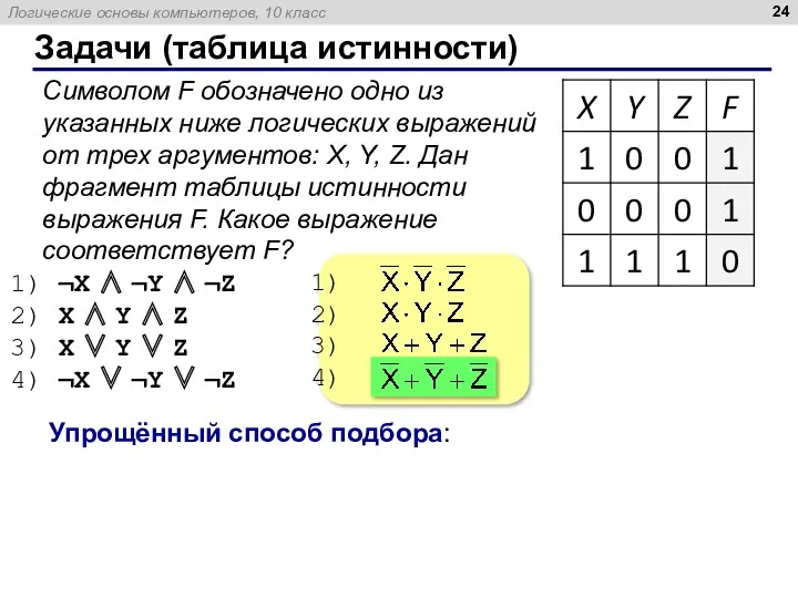 Задачи (таблица истинности) Символом F обозначено одно из указанных ниже