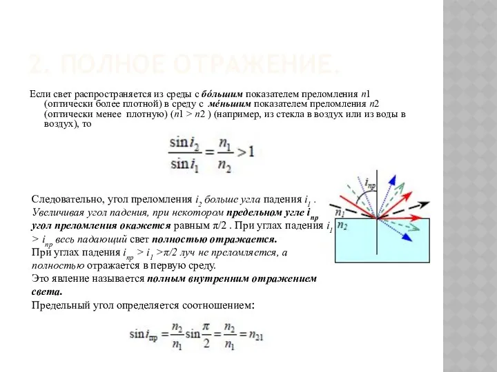 2. ПОЛНОЕ ОТРАЖЕНИЕ. Если свет распространяется из среды с бóльшим