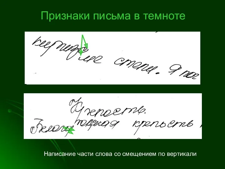 Написание части слова со смещением по вертикали Признаки письма в темноте