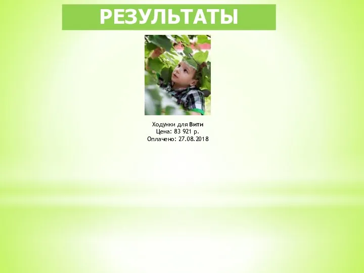 РЕЗУЛЬТАТЫ Ходунки для Вити Цена: 83 921 р. Оплачено: 27.08.2018