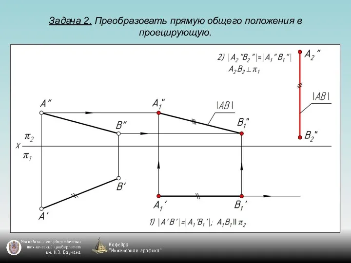 Задача 2. Преобразовать прямую общего положения в проецирующую.