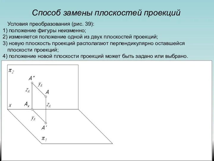 Способ замены плоскостей проекций Условия преобразования (рис. 39): положение фигуры