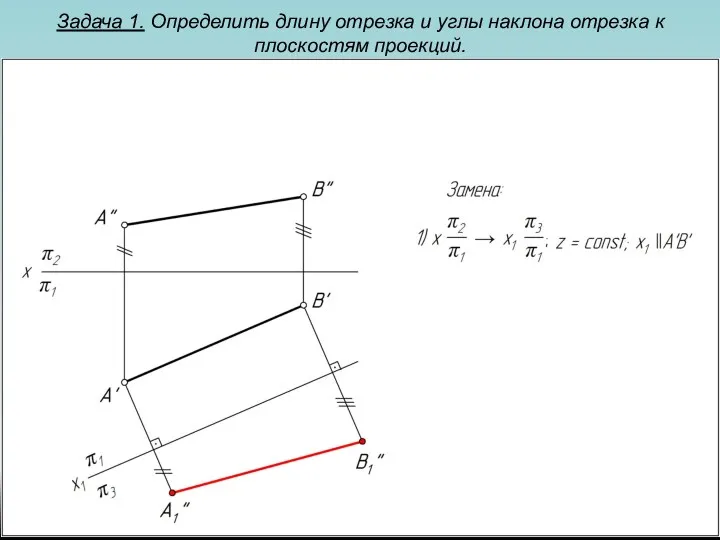 Задача 1. Определить длину отрезка и углы наклона отрезка к плоскостям проекций.