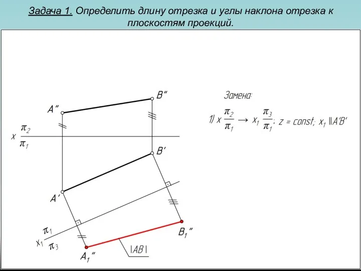 Задача 1. Определить длину отрезка и углы наклона отрезка к плоскостям проекций.