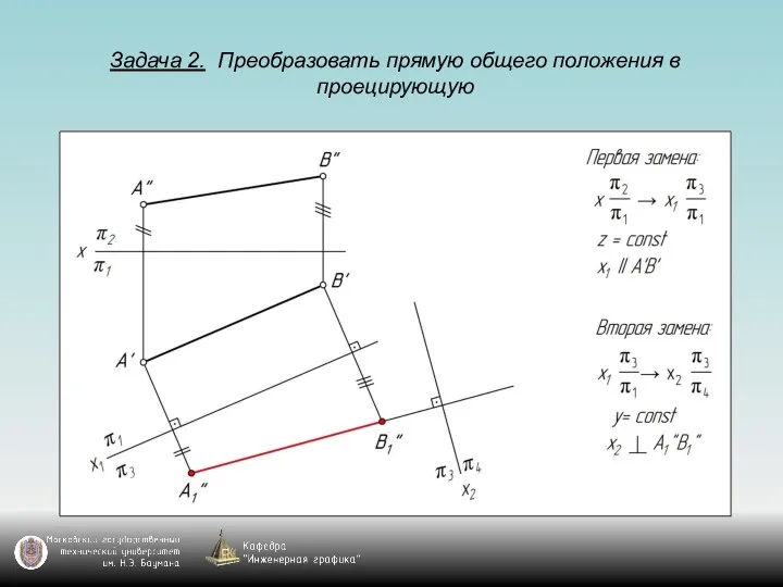 Задача 2. Преобразовать прямую общего положения в проецирующую