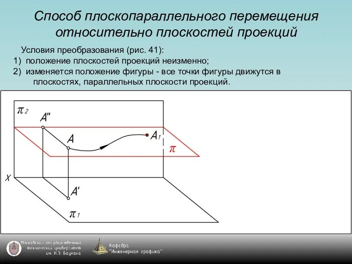 Способ плоскопараллельного перемещения относительно плоскостей проекций Условия преобразования (рис. 41):