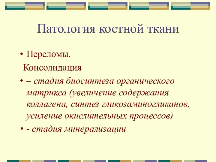 Патология костной ткани Переломы. Консолидация – стадия биосинтеза органического матрикса