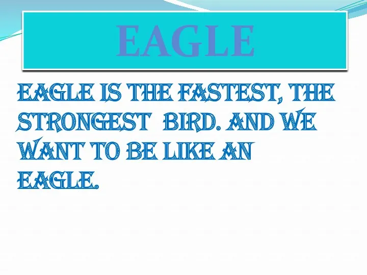 EAGLE Eagle is the fastest, the strongest bird. And we want to be like an eagle.