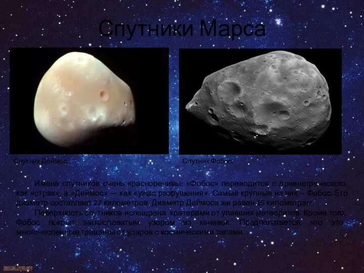 Спутники Марса Имена спутников очень красноречивы: «Фобос» переводится с древнегреческого
