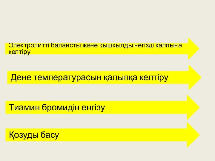 Электролитті балансты және қышқылды негізді қалпына келтіру Тиамин бромидін енгізу Қозуды басу Дене температурасын қалыпқа келтіру