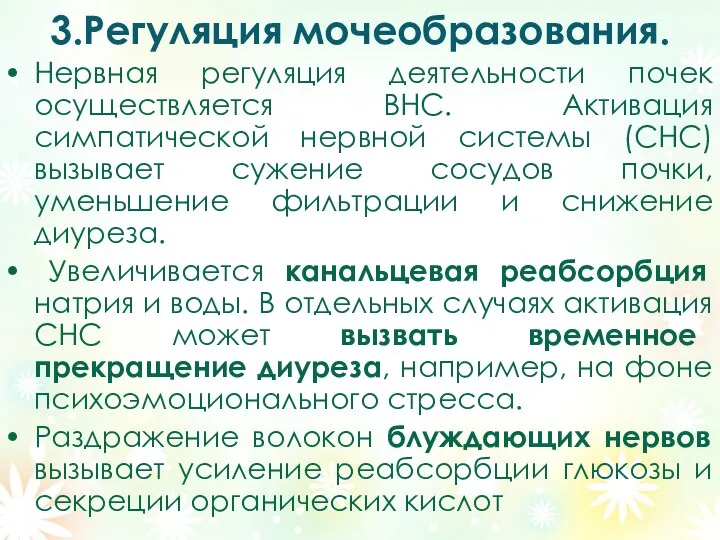 3.Регуляция мочеобразования. Нервная регуляция деятельности почек осуществляется ВНС. Активация симпатической нервной системы (СНС)