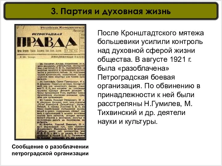 Сообщение о разоблачении петроградской организации После Кронштадтского мятежа большевики усилили