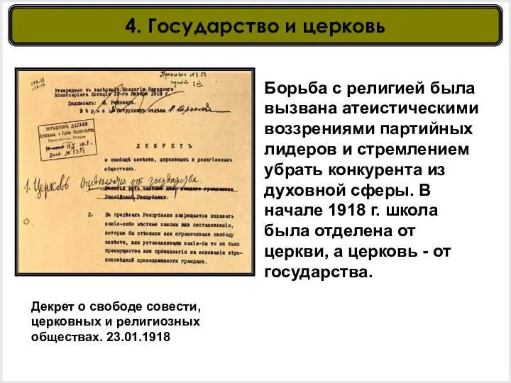 Декрет о свободе совести, церковных и религиозных обществах. 23.01.1918 Борьба