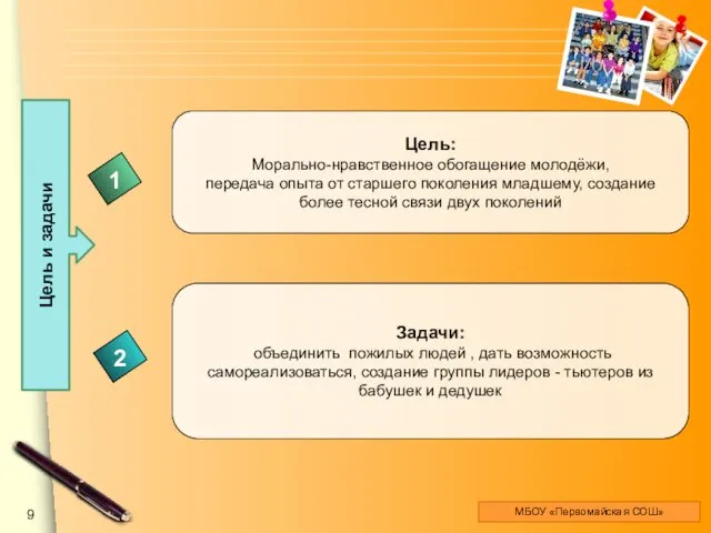 Цель и задачи МБОУ «Первомайская СОШ» Цель: Морально-нравственное обогащение молодёжи,