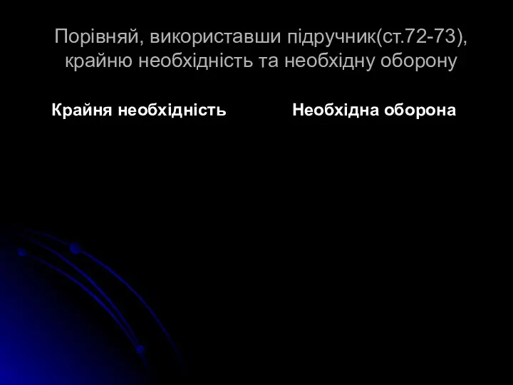 Порівняй, використавши підручник(ст.72-73), крайню необхідність та необхідну оборону Крайня необхідність Необхідна оборона