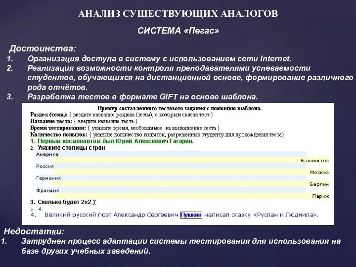 АНАЛИЗ СУЩЕСТВУЮЩИХ АНАЛОГОВ Достоинства: Организация доступа в систему с использованием