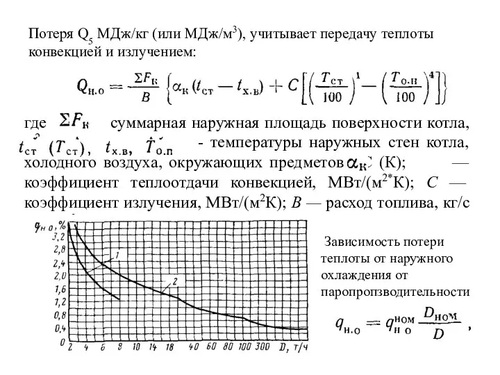 Потеря Q5 МДж/кг (или МДж/м3), учитывает передачу теплоты конвекцией и