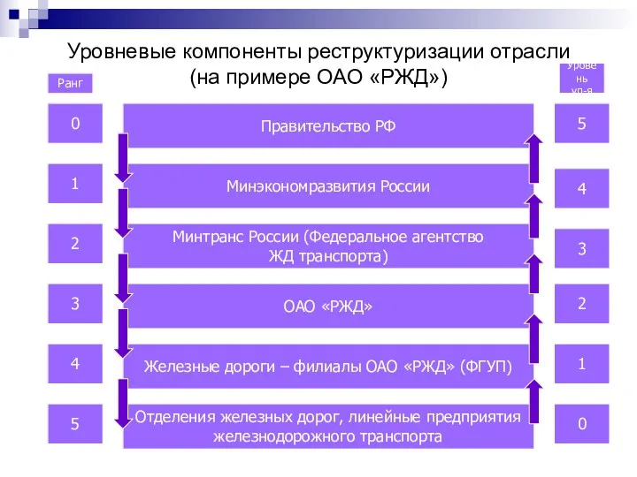 Уровневые компоненты реструктуризации отрасли (на примере ОАО «РЖД») Правительство РФ Отделения железных дорог,