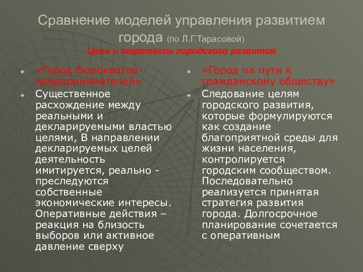 Сравнение моделей управления развитием города (по Л.Г.Тарасовой) Цели и стратегии