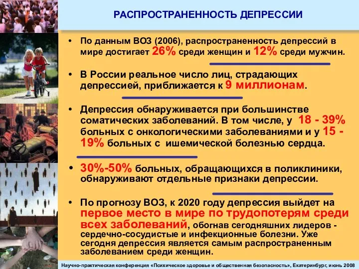 РАСПРОСТРАНЕННОСТЬ ДЕПРЕССИИ По данным ВОЗ (2006), распространенность депрессий в мире