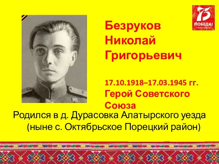 Безруков Николай Григорьевич 17.10.1918–17.03.1945 гг. Герой Советского Союза Родился в