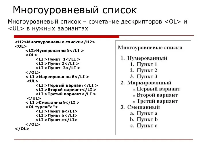 Многоуровневый список Многоуровневые списки Нумерованный Пункт 1 Пункт 2 Пункт