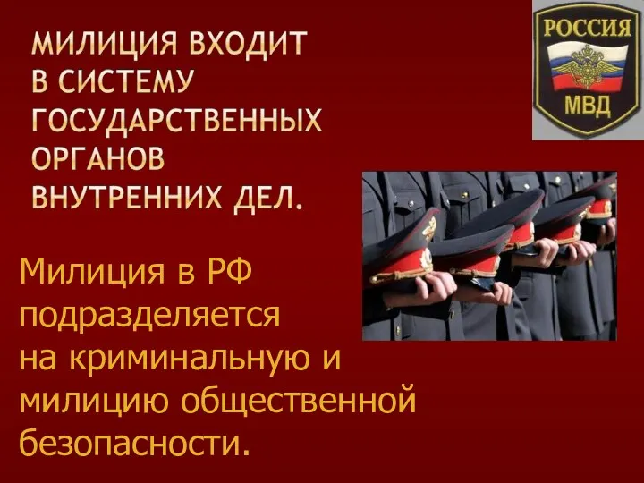 Милиция в РФ подразделяется на криминальную и милицию общественной безопасности.