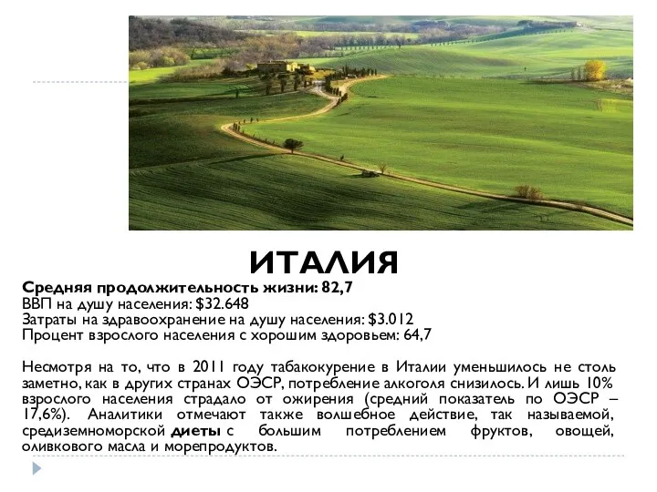 ИТАЛИЯ Средняя продолжительность жизни: 82,7 ВВП на душу населения: $32.648