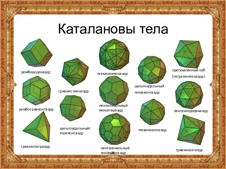 Каталановы тела ромбододекаэдр ромботриаконтаэдр триакистетраэдр преломлённый куб (тетракисгексаэдр) пентакисдодекаэдр триакисоктаэдр