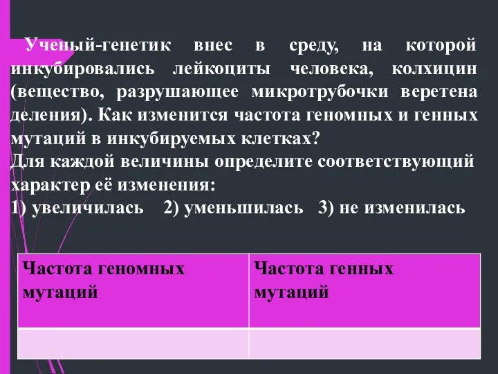 Ученый-генетик внес в среду, на которой инкубировались лейкоциты человека, колхицин