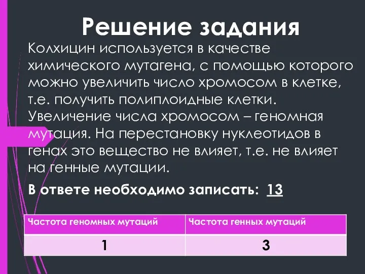 Решение задания Колхицин используется в качестве химического мутагена, с помощью