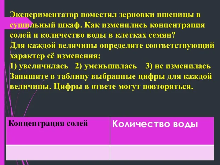 Экспериментатор поместил зерновки пшеницы в сушильный шкаф. Как изменились концентрация