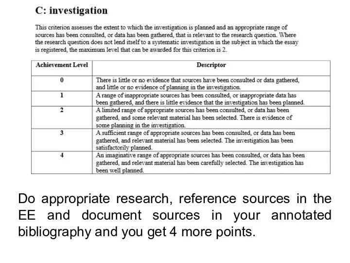 Do appropriate research, reference sources in the EE and document