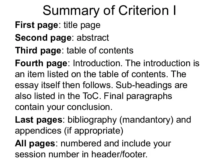 Summary of Criterion I First page: title page Second page: