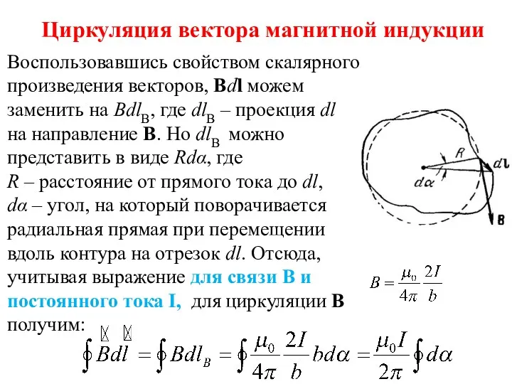 Циркуляция вектора магнитной индукции Воспользовавшись свойством скалярного произведения векторов, Bdl можем заменить на