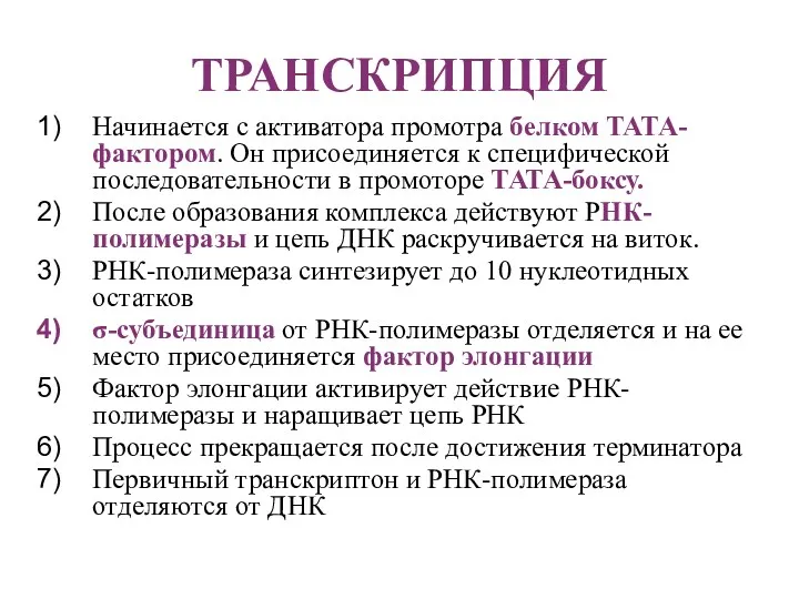 ТРАНСКРИПЦИЯ Начинается с активатора промотра белком ТАТА-фактором. Он присоединяется к