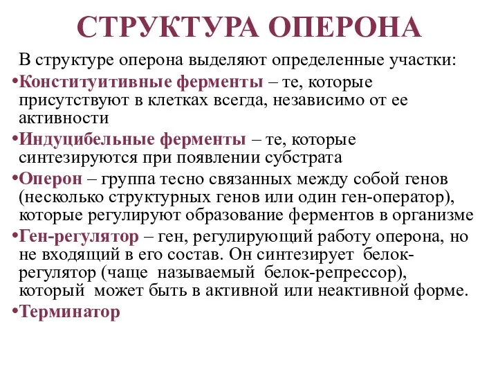 СТРУКТУРА ОПЕРОНА В структуре оперона выделяют определенные участки: Конституитивные ферменты