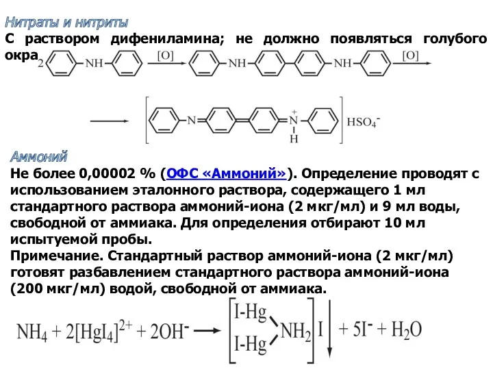 Нитраты и нитриты С раствором дифениламина; не должно появляться голубого