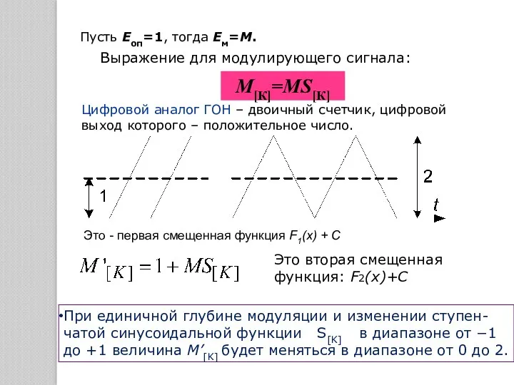 Пусть Еоп=1, тогда Ем=М. Выражение для модулирующего сигнала: Это вторая смещенная функция: F2(x)+C