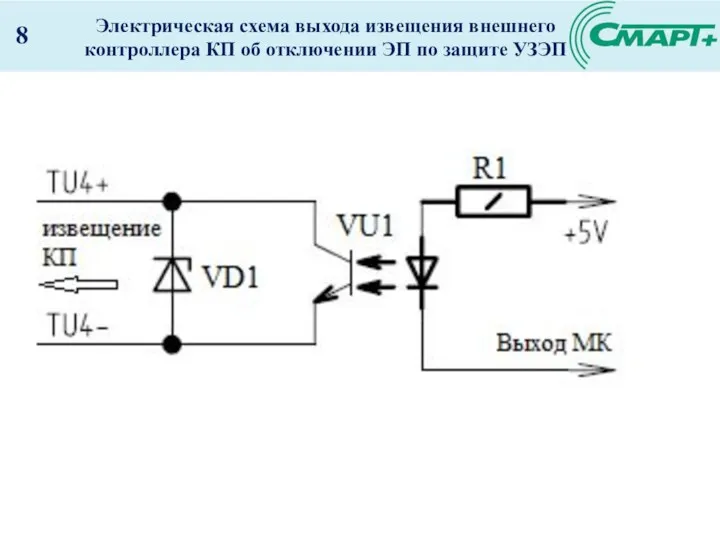 Электрическая схема выхода извещения внешнего контроллера КП об отключении ЭП по защите УЗЭП 8