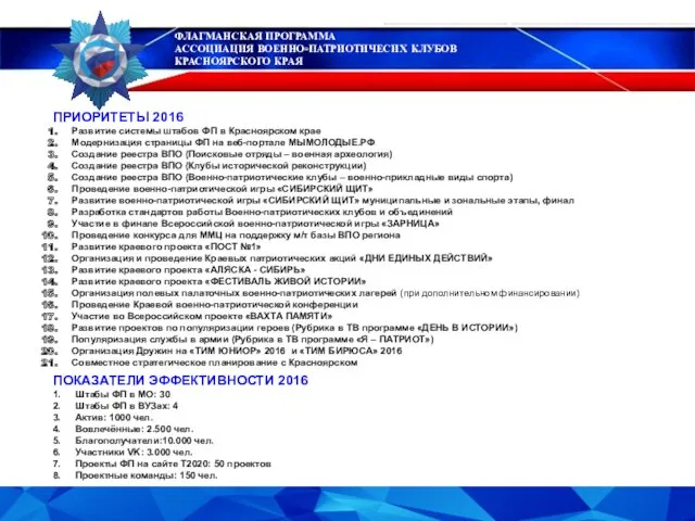 ФЛАГМАНСКАЯ ПРОГРАММА АССОЦИАЦИЯ ВОЕННО-ПАТРИОТИЧЕСИХ КЛУБОВ КРАСНОЯРСКОГО КРАЯ ПРИОРИТЕТЫ 2016 Развитие