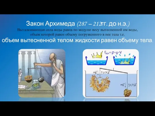 Закон Архимеда (287 – 212гг. до н.э.) Выталкивающая сила воды