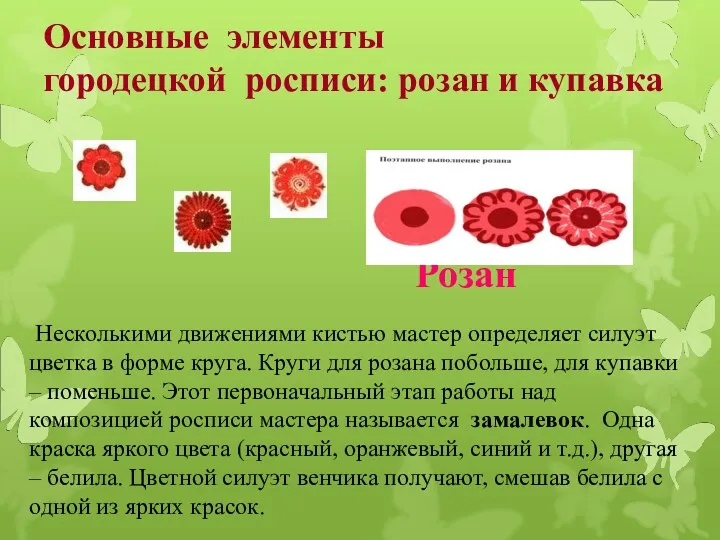 Основные элементы городецкой росписи: розан и купавка Розан Несколькими движениями